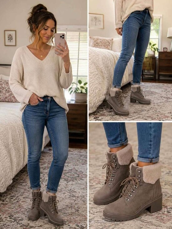 Indigo Shoes - Indigo Rd. Mallory-J Women's Faux Shearling Lace-Up Combat Boots